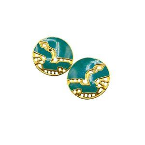 Berebi Earrings Gold Tone and Teal Blue Enamel Pierced Round Stud Earrings